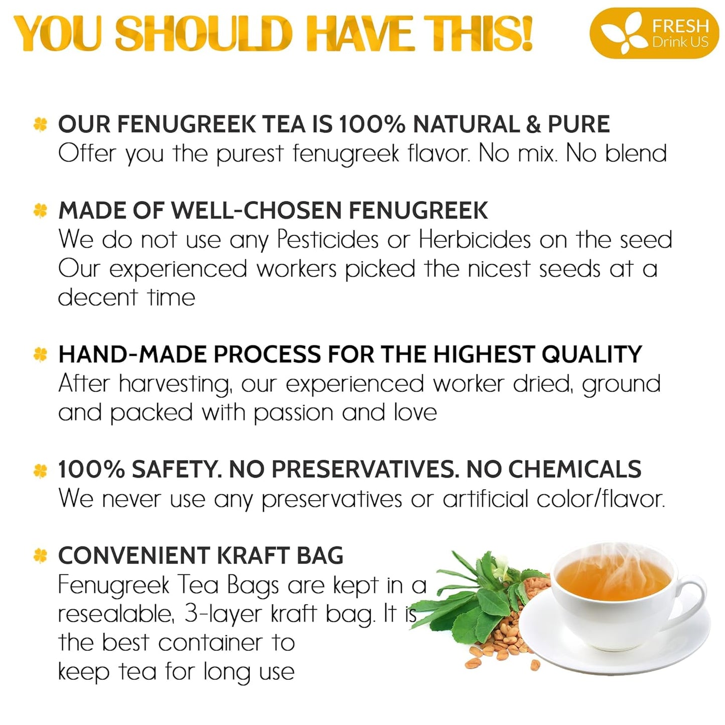 Premium Fenugreek Tea Bags - Caffeine-Free & Vegan (30 Bags)