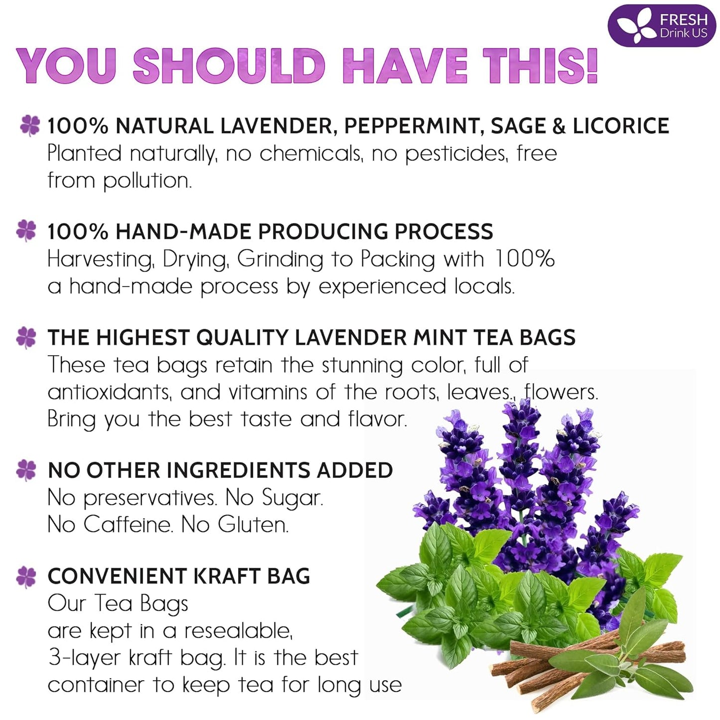 Premium Lavender Mint Tea Bags - 100% Natural Herbal Blend