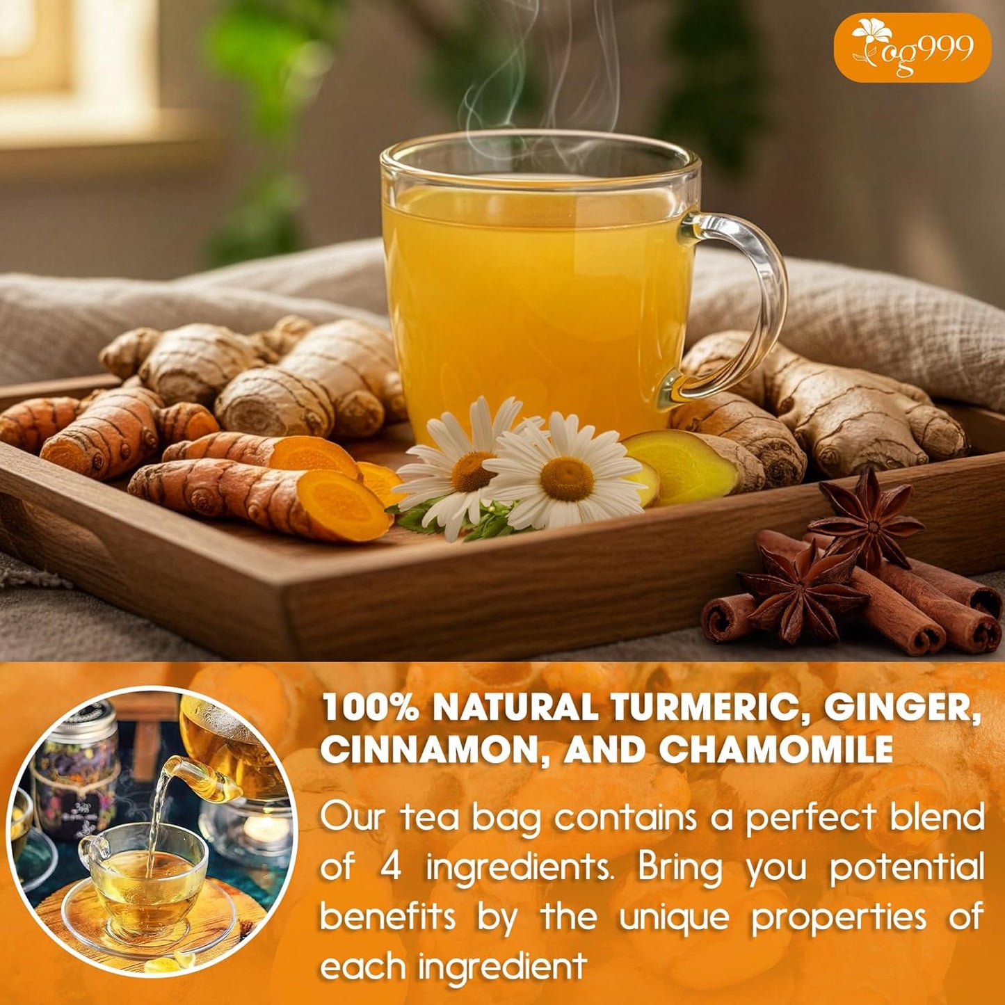 Thé en sachets premium de curcuma, gingembre, cannelle et camomille
