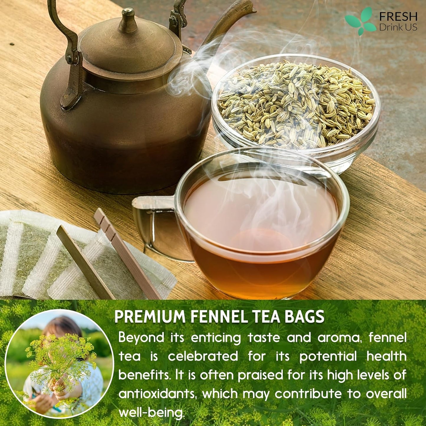 Premium Fennel Tea Bags, 100% Natural & Pure from Fennel Seeds. Fennel Seed Herbal Tea. Fennel Seed Tea. Made with Natural Material Tea Bags. No Sugar, No Caffeine, No Gluten, Vegan. - Korvel