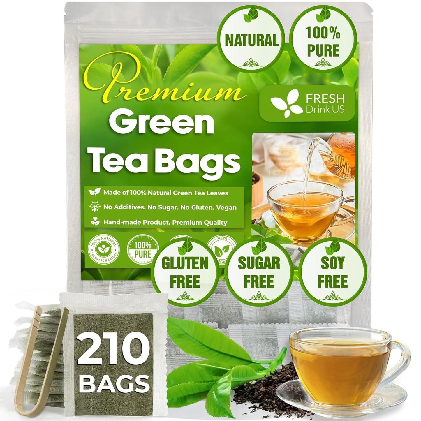 Bolsitas de té verde premium, 100 % natural y puro. Té verde de hierbas. Sin azúcar, sin gluten, vegano. 
