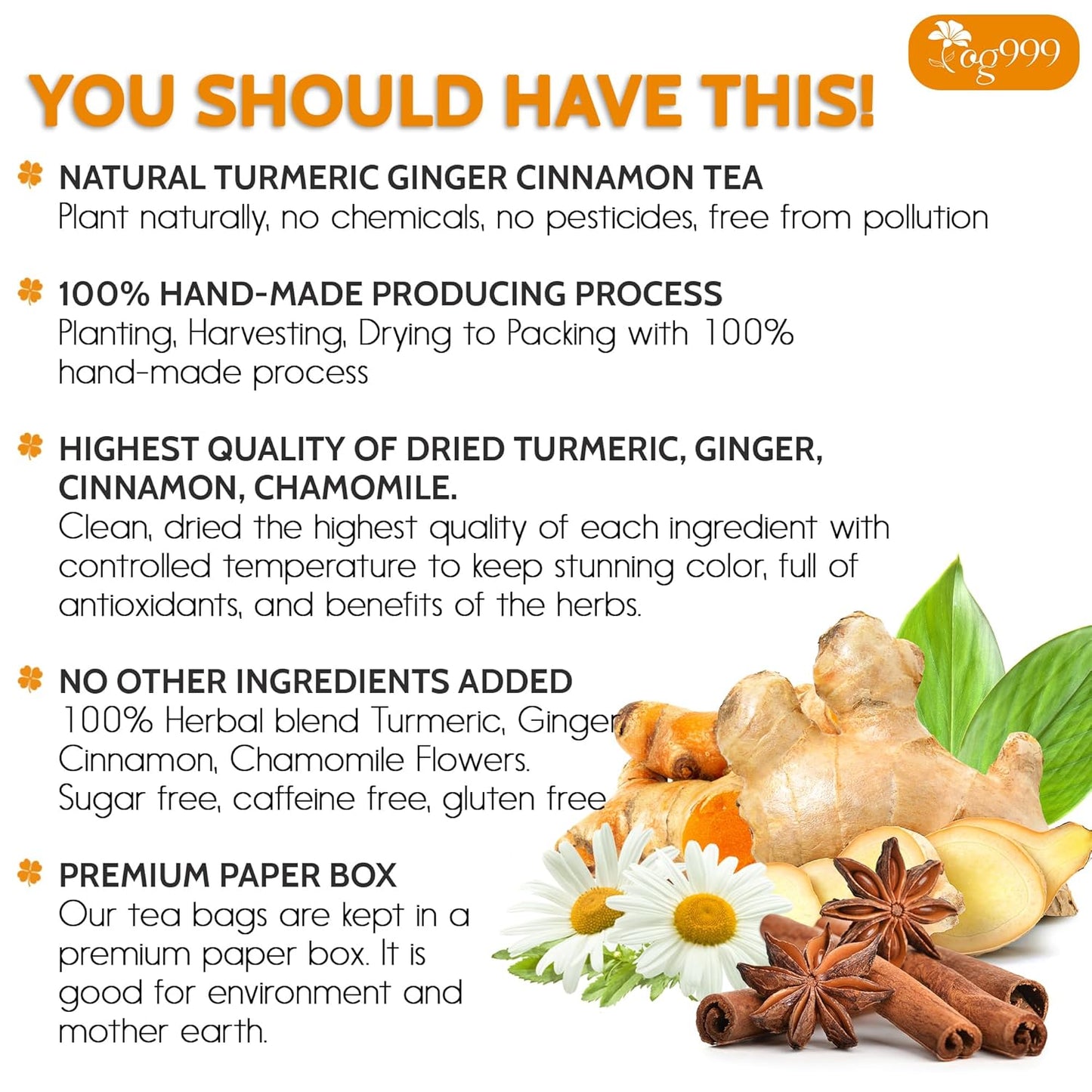 Thé en sachets premium de curcuma, gingembre, cannelle et camomille