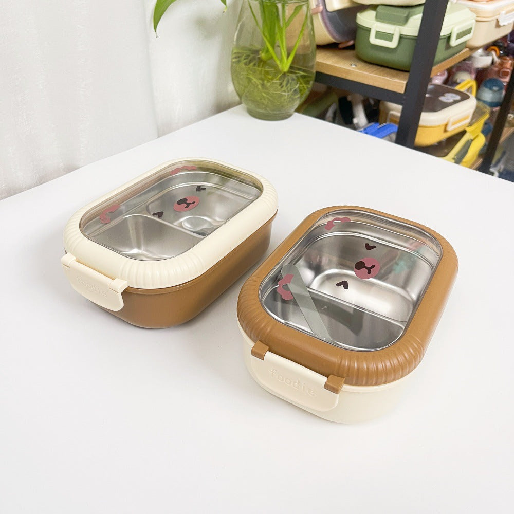Cartoon cute bear stainless steel portable compartment lunch box with lid - Korvel