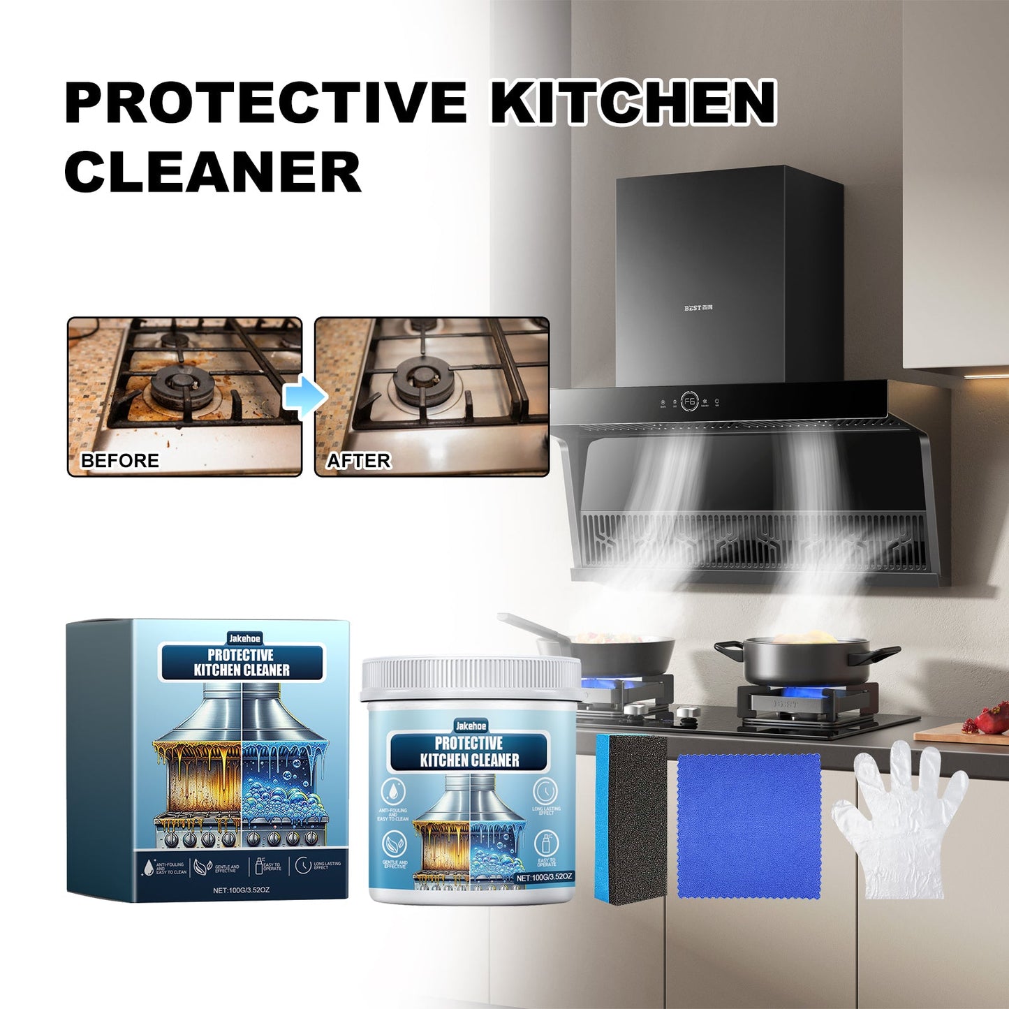 JAKEHOE Protective Kitchen Cleaner, Multi-Purpose Kitchen Stove Hood Heavy Oil Cleaning Dirt - Korvel