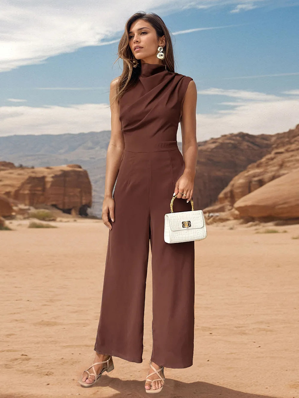 Ruched Mock Neck Sleeveless Jumpsuit - Korvel