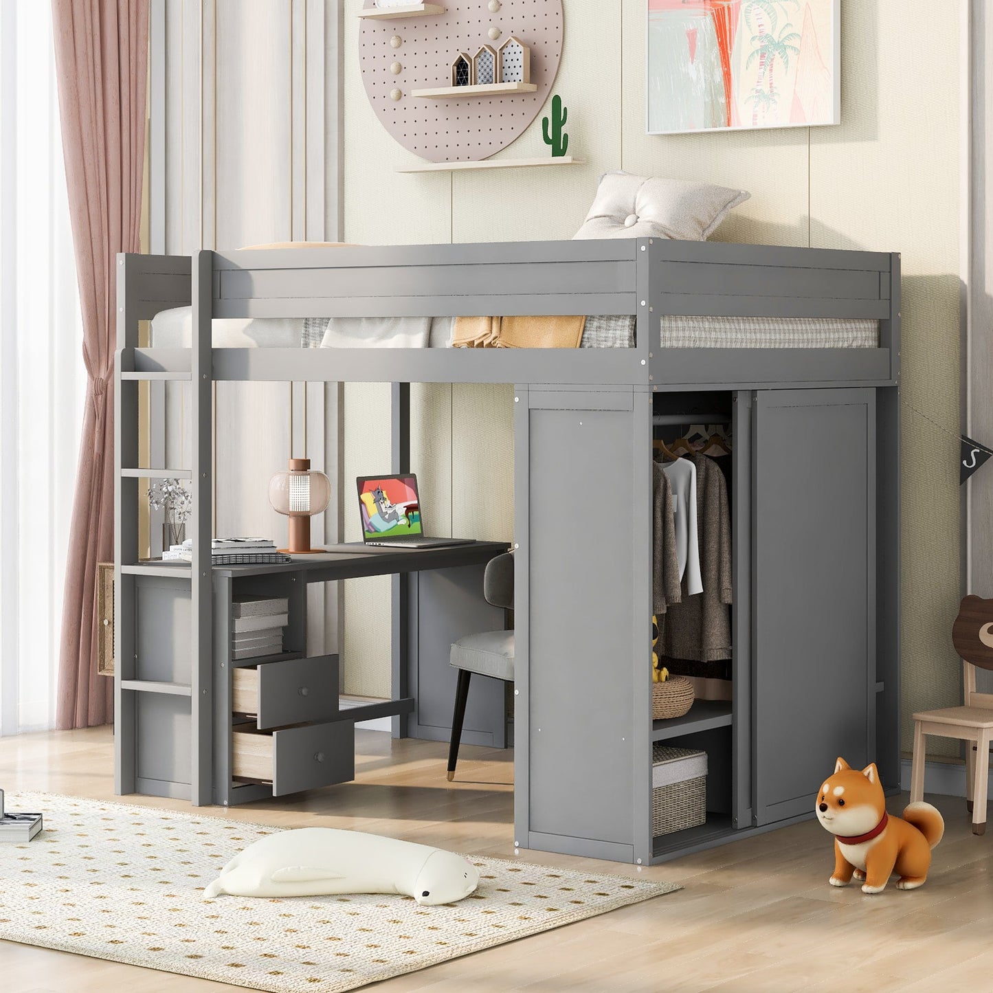 Wood Full Size Loft Bed with Wardrobes and 2-Drawer Desk with Cabinet  Gray - Korvel