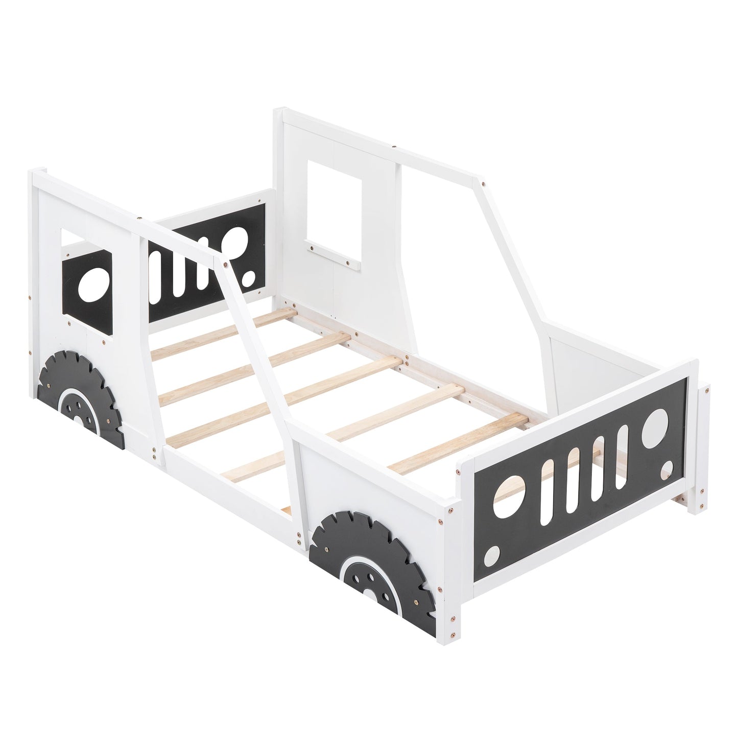 Twin Size Classic Car-Shaped Platform Bed with Wheels - White