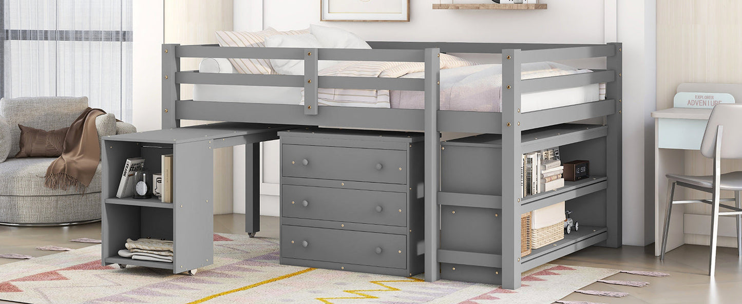 Low Study Full Loft Bed with Cabinet Shelves and Rolling Portable Desk Multiple Functions Bed- Gray - Korvel