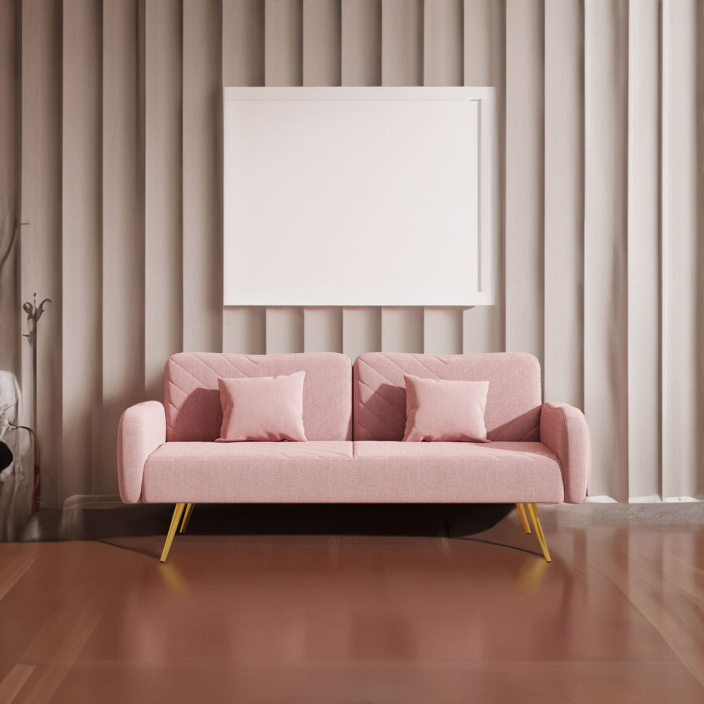 70.47" Pink Fabric Double Sofa with Split Backrest and Two Throw Pillows - Korvel