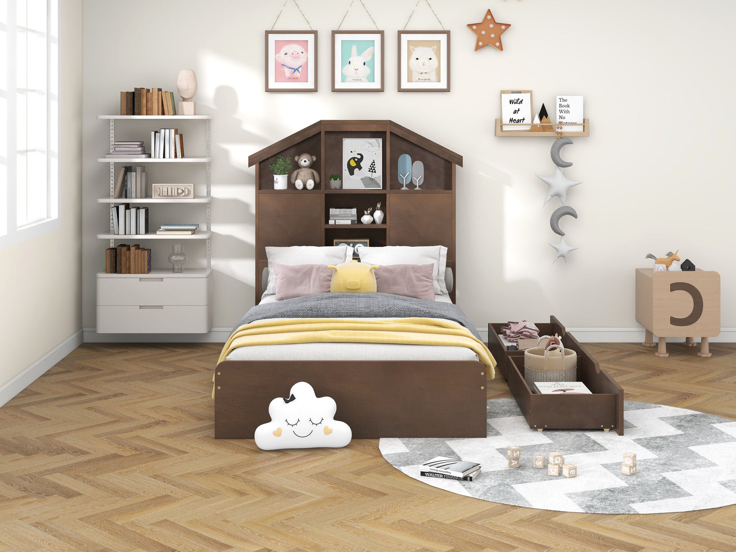 Twin Size Wood Platform Bed with House-shaped Storage Headboard and 2 Drawers Walnut - Korvel