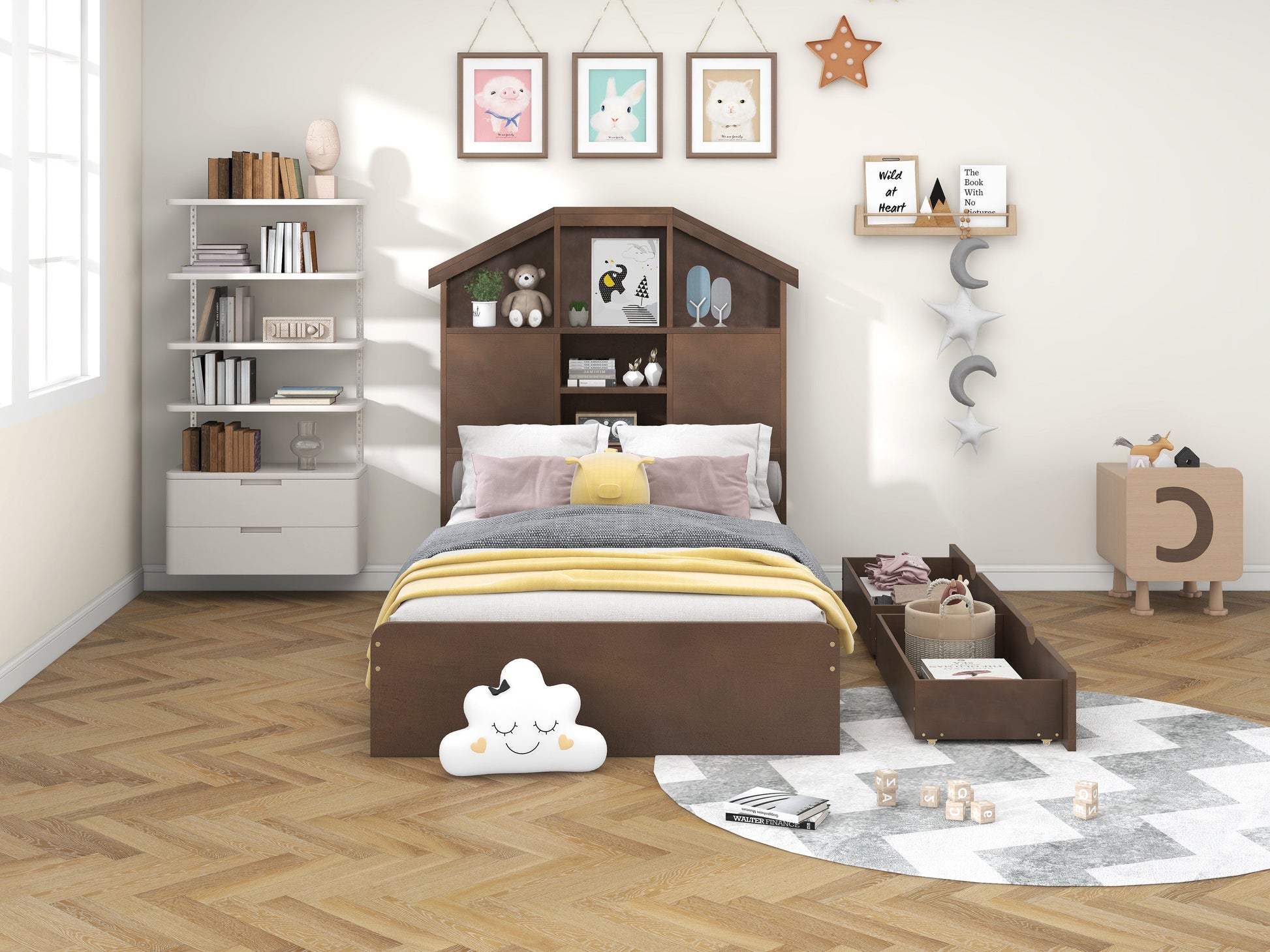 Twin Size Wood Platform Bed with House-shaped Storage Headboard and 2 Drawers Walnut - Korvel