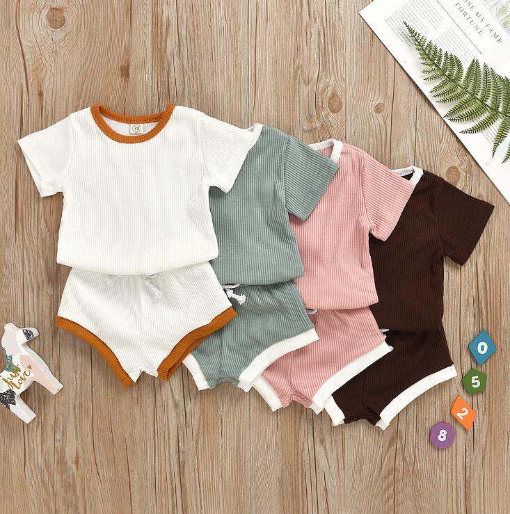 2020 Toddler Baby Boys Girls Summer Clothing Newborn Kids Baby Girls Ribbed Knitted Short Sleeve T-shirts+Shorts Tracksuits Sets - Korvel