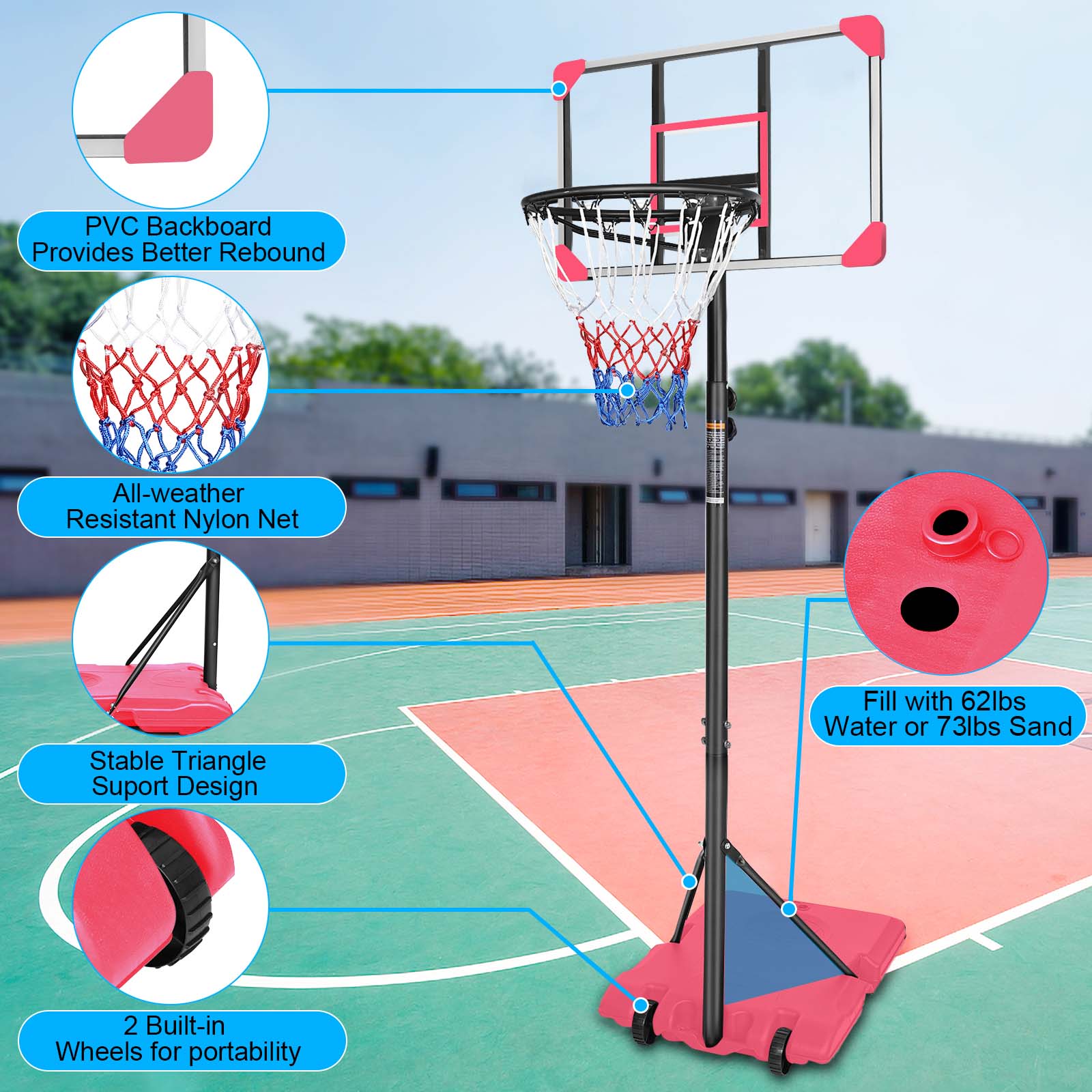 Portable Basketball Goal System with Stable Base and Wheels use for Indoor Outdoor teenagers youth - Korvel