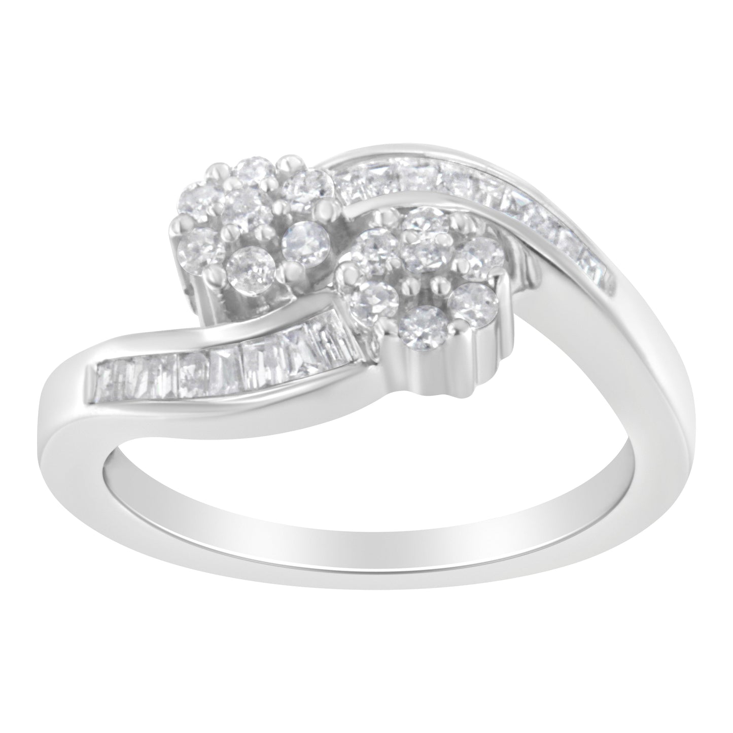 14K White Gold Round and Baguette Diamond Bypass Ring - Size 6