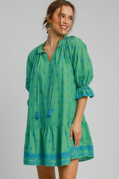 Plus Size Tassel Embroidered Sleeve Mini Dress in Green