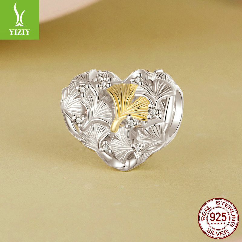 Silver Charm Ginkgo Leaf Splicing Love DIY Bracelet Beads Loose Beads Romantic Autumn Leaves s925 Pure Silver Beads - Korvel
