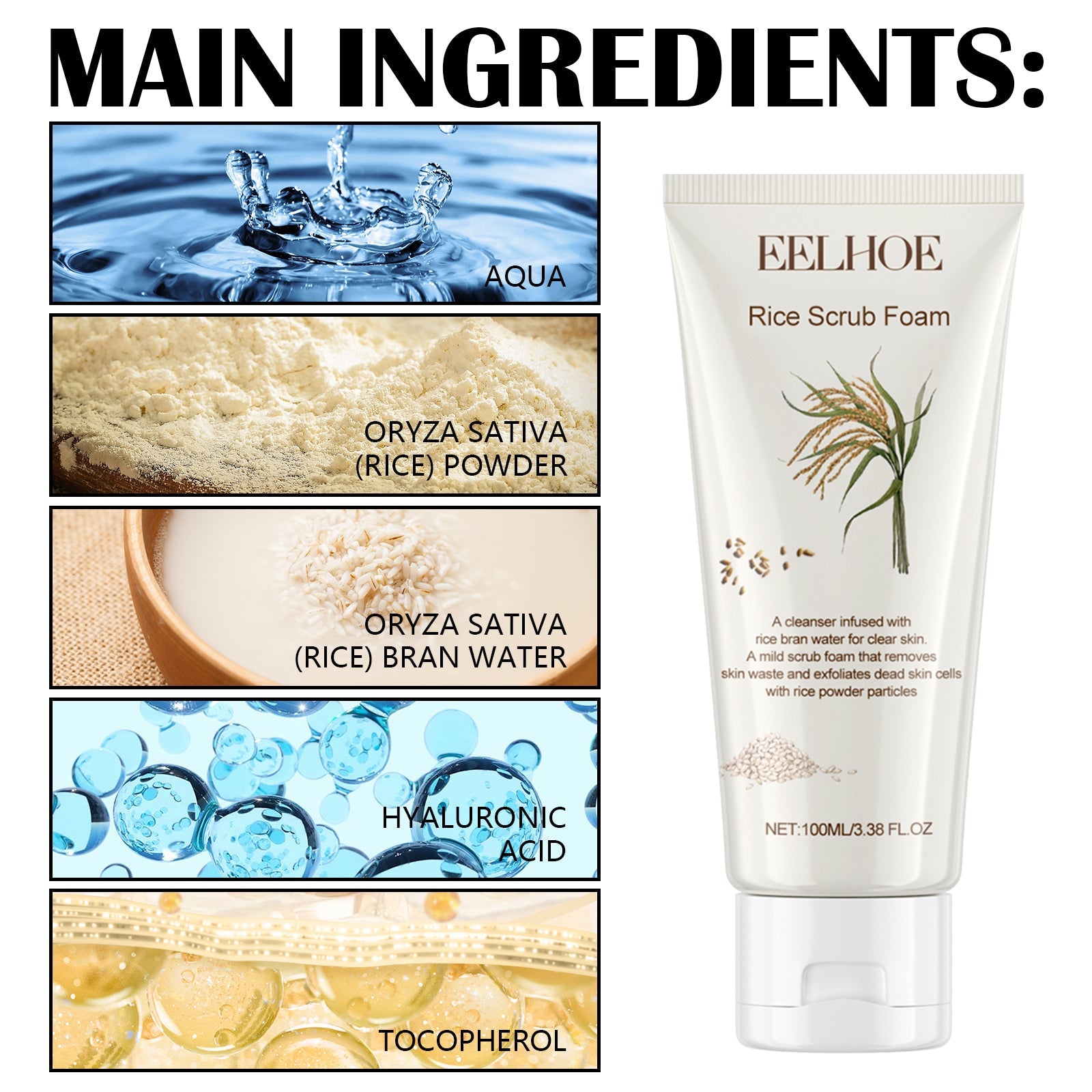 Rice Scrub Foam, Deeply Clean Firming Pores Repair Facial Dull Skin Shine White Face - Korvel