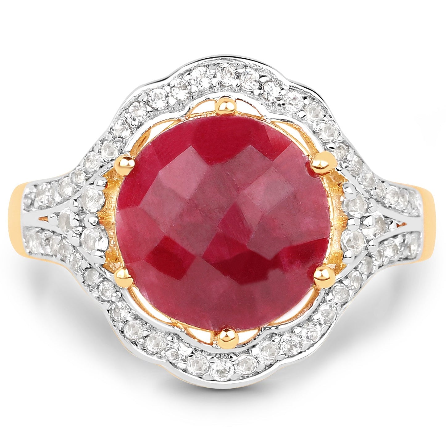 Anillo de Rubí y Topacio Blanco Bañado en Oro Amarillo de 14K