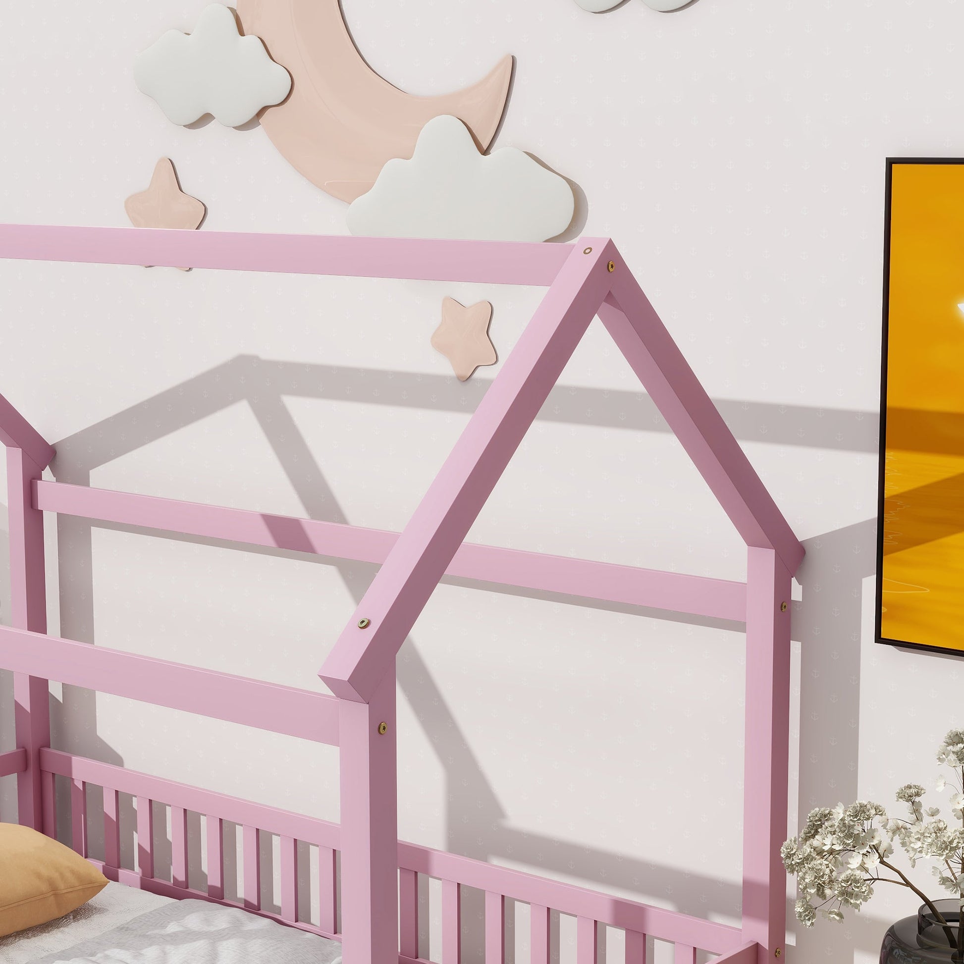 Twin Size Floor Wooden Bed with House Roof Frame, Fence Guardrails,Pink - Korvel