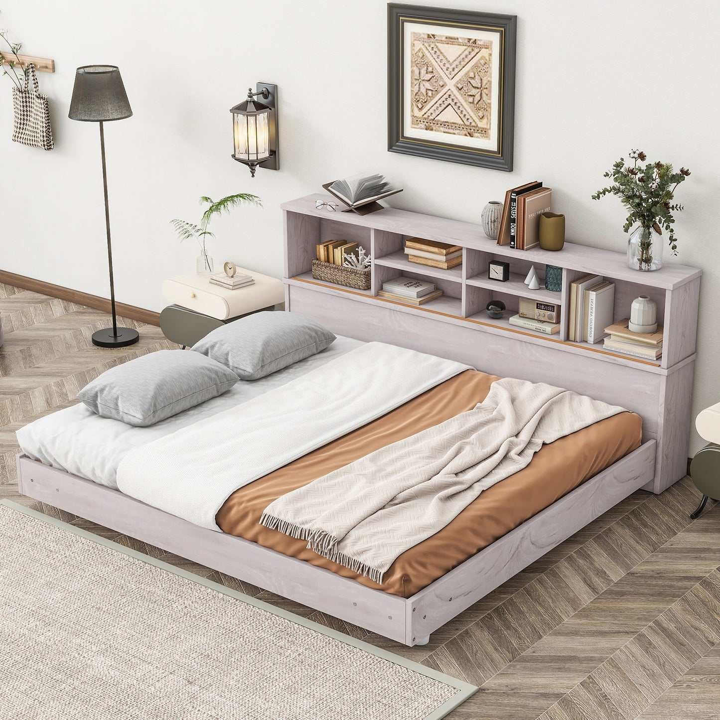 Full Size Daybed Frame with Storage Bookcases - White Oak