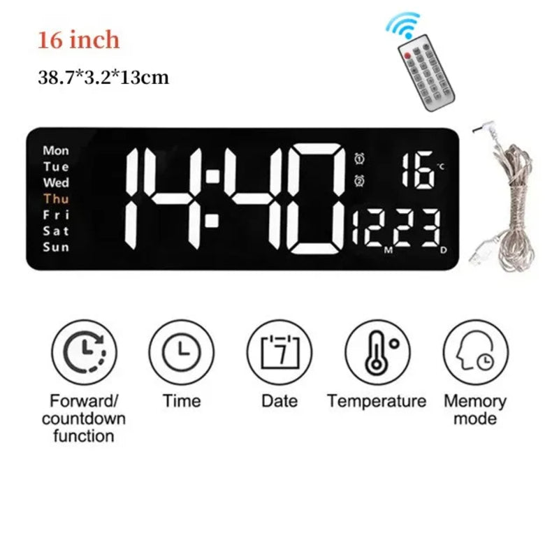 Large LED Wall Clock with Remote Control and Dual Alarms