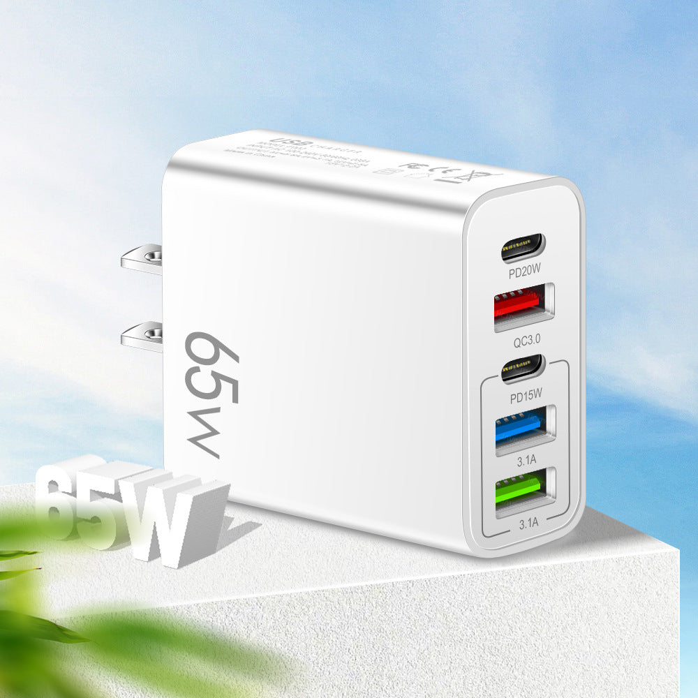 Standard PD65W mobile phone charger 4A type-c PD+3USB multi port European, American, English travel charging head - Korvel