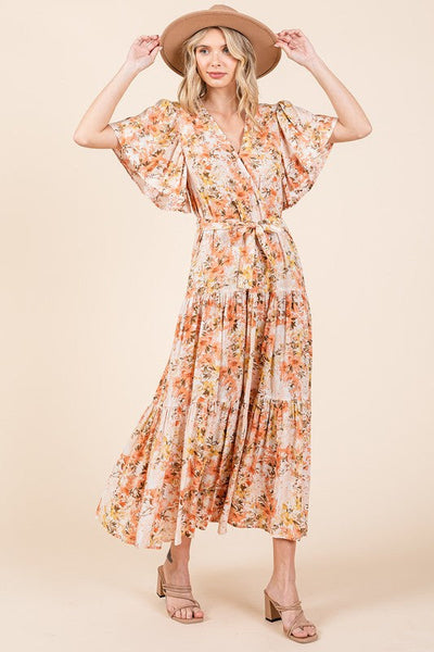 Summer Floral Tie Waist Flutter Sleeve Tiered Dress