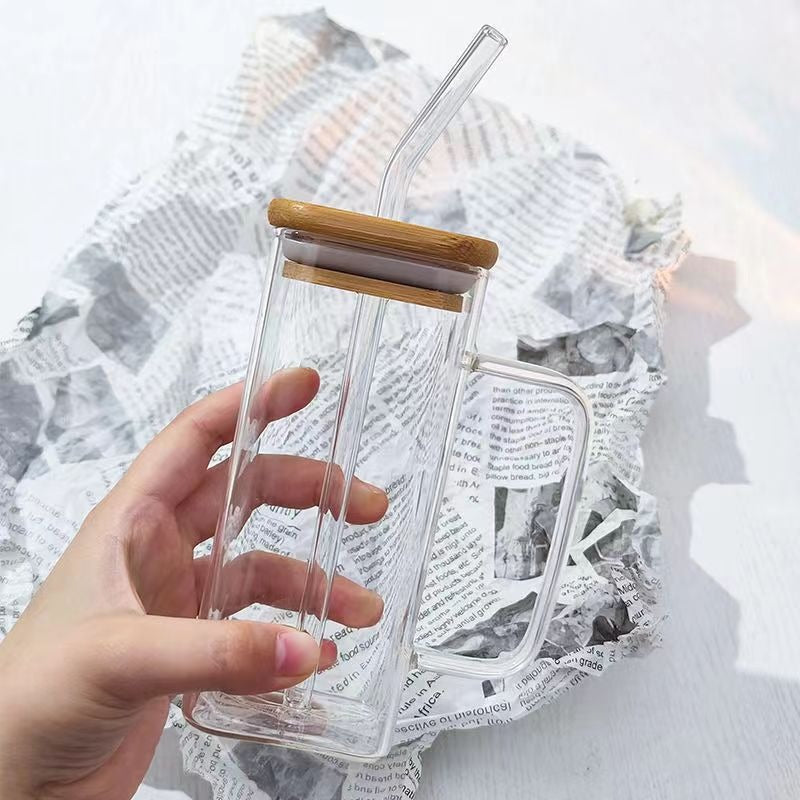 Square colored handle cup glass straw cup with lid milk tea cup with large capacity - Korvel