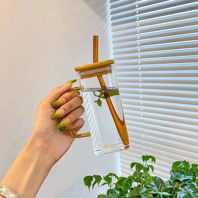 Square colored handle cup glass straw cup with lid milk tea cup with large capacity - Korvel