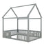 Full Size Wood House Bed with Fence and Door, Gray - Korvel
