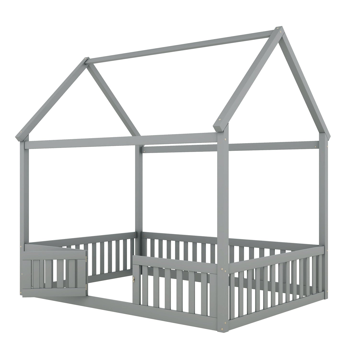 Full Size Wood House Bed with Fence and Door, Gray - Korvel