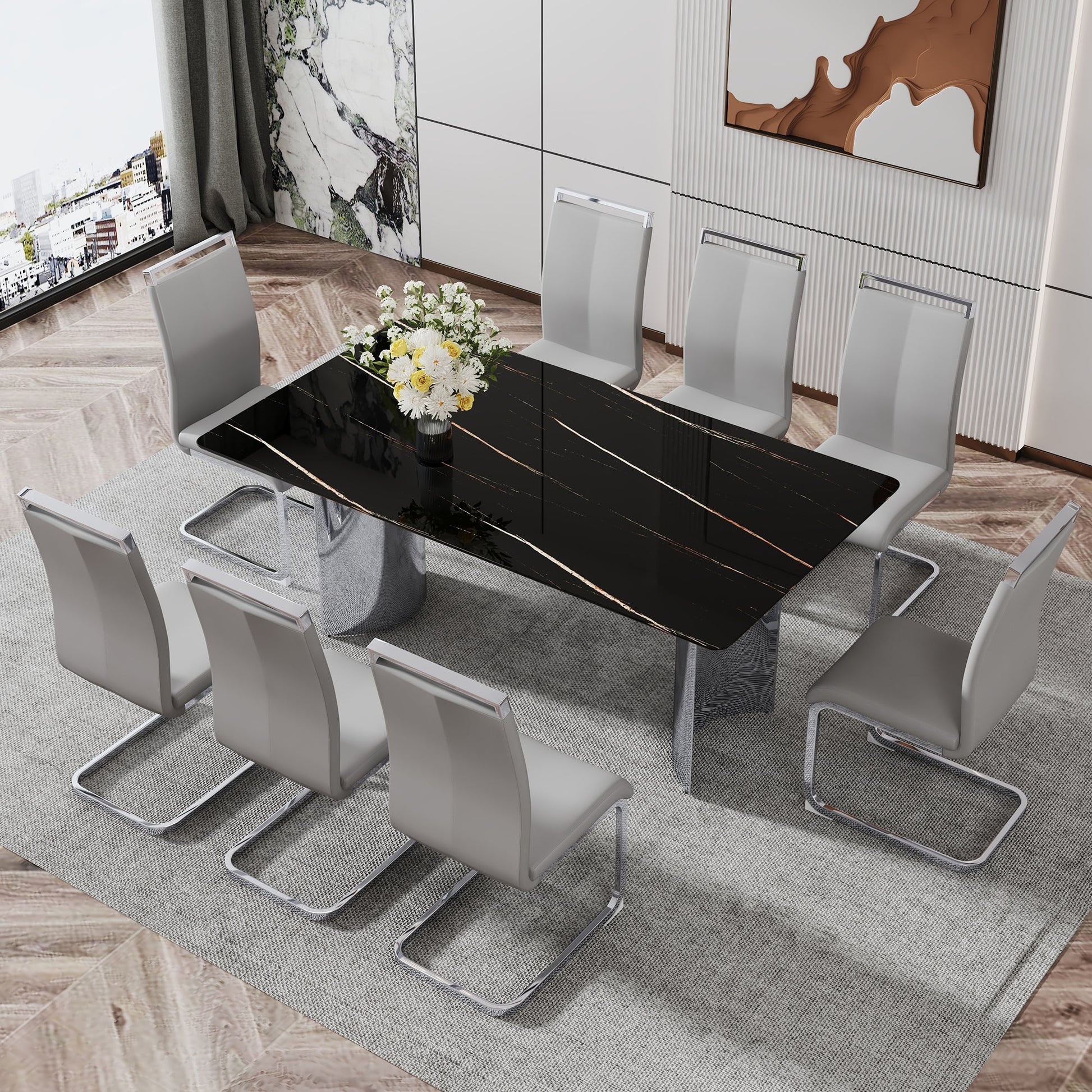 Modern minimalist dining table The black imitation marble glass desktop is equipped with silver metal legs - Korvel