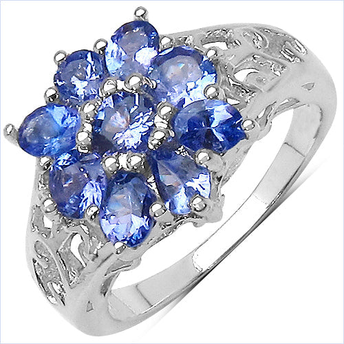 1.65 Carat Genuine Tanzanite Cluster Ring in Sterling Silver
