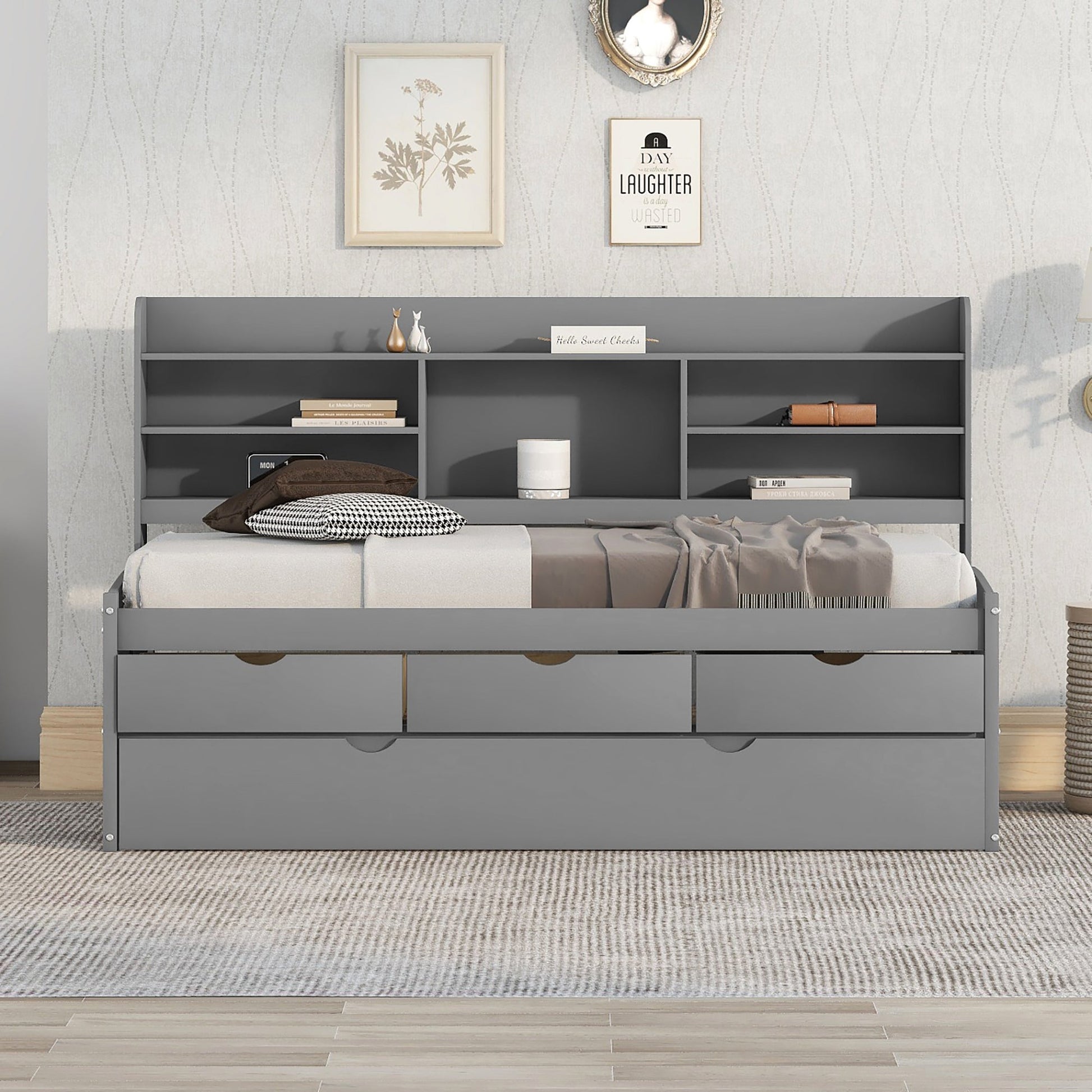 Twin Size Wooden Captain Bed with Built-in Bookshelves,Three Storage Drawers and Trundle Light Grey - Korvel