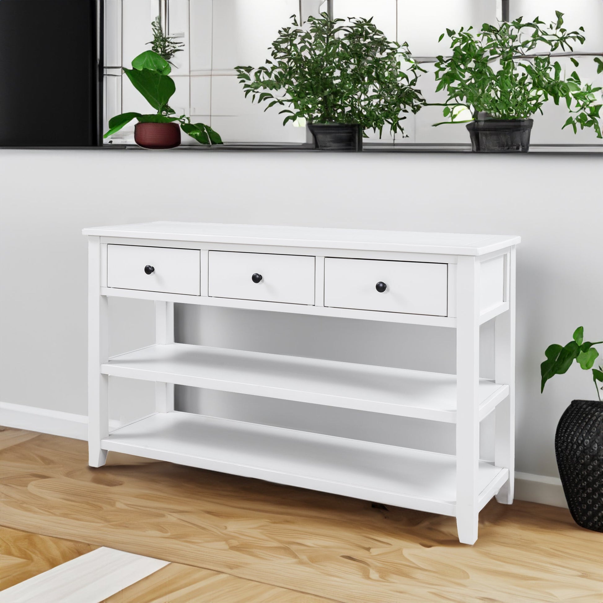 Retro Design Console Table with Two Open Shelves, Pine Solid Wood Frame and Legs for Living Room (Antique White) - Korvel
