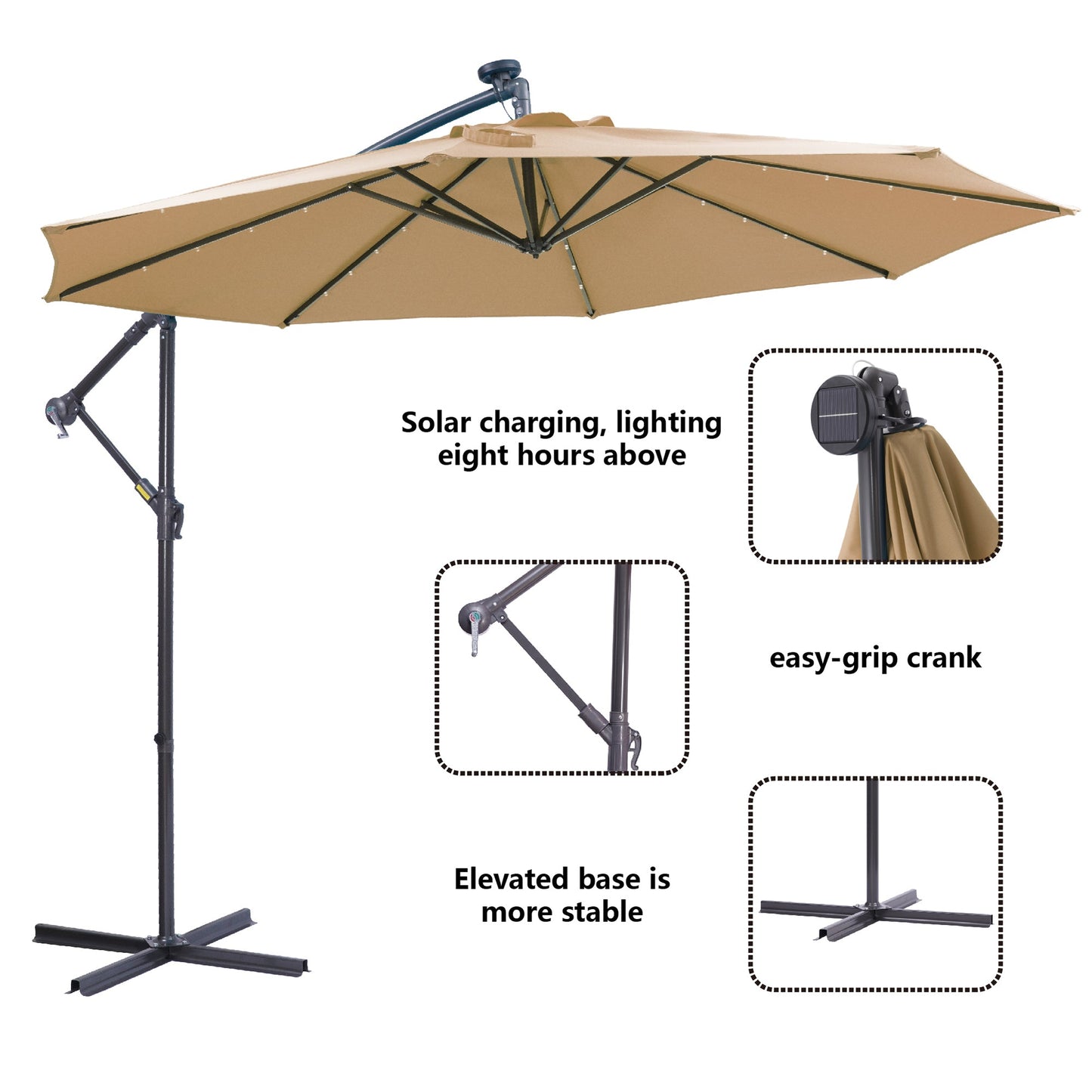 10 FT Solar LED Patio Umbrella with Easy Open Adjustment - Taupe