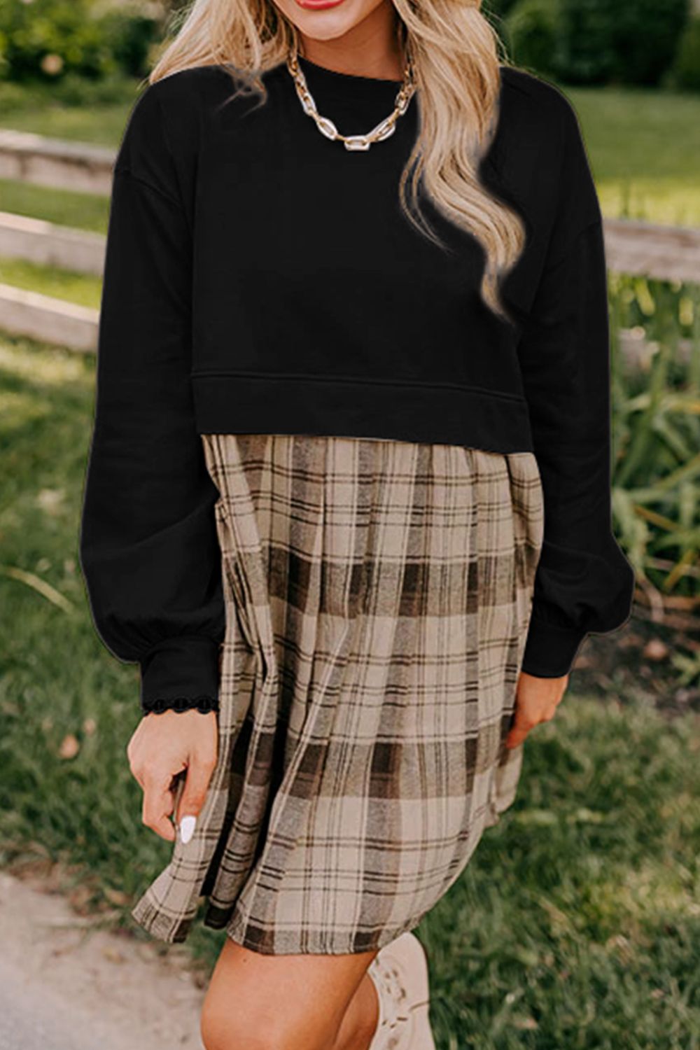 Vintage Plaid Round Neck Long Sleeve Mini Dress Cozy & Stylish Dress Retro Design Dress For Party - Korvel
