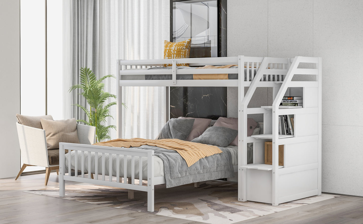 Twin over Full Loft Bed with Staircase,White - Korvel
