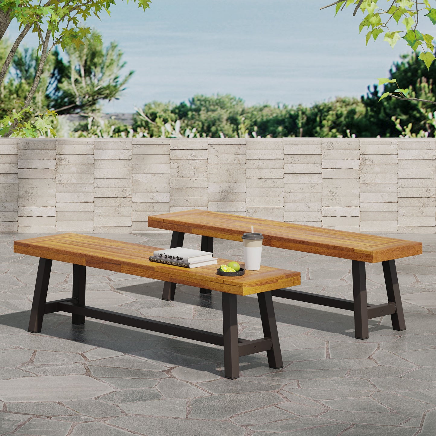 Outdoor Carlisle Benches, Sandblasted Brown + Rustic Metal (Set of 2) - Korvel