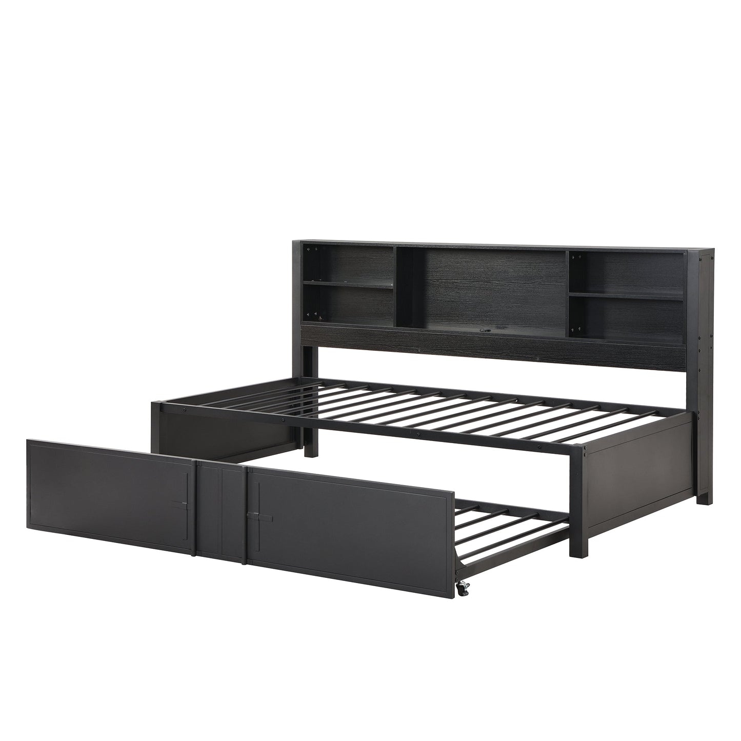 Metal Twin Size Daybed with Trundle, Storage & USB Ports - Black