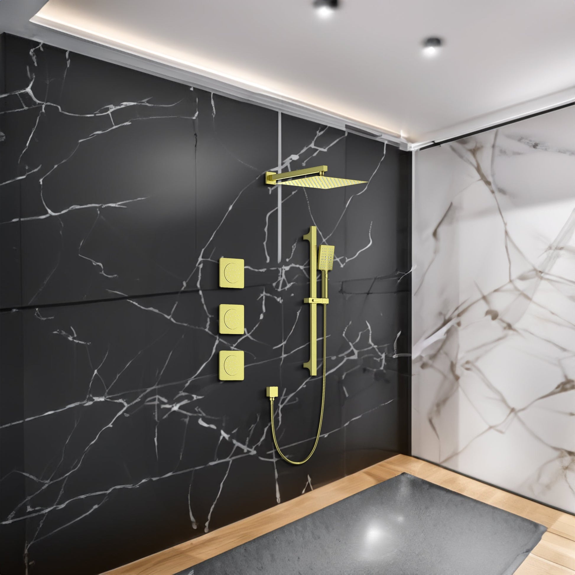 Shower System with Shower Head, Hand Shower Slide Bar  Bodysprays Shower Arm  Hose Valve Trim and Lever Handles - Korvel