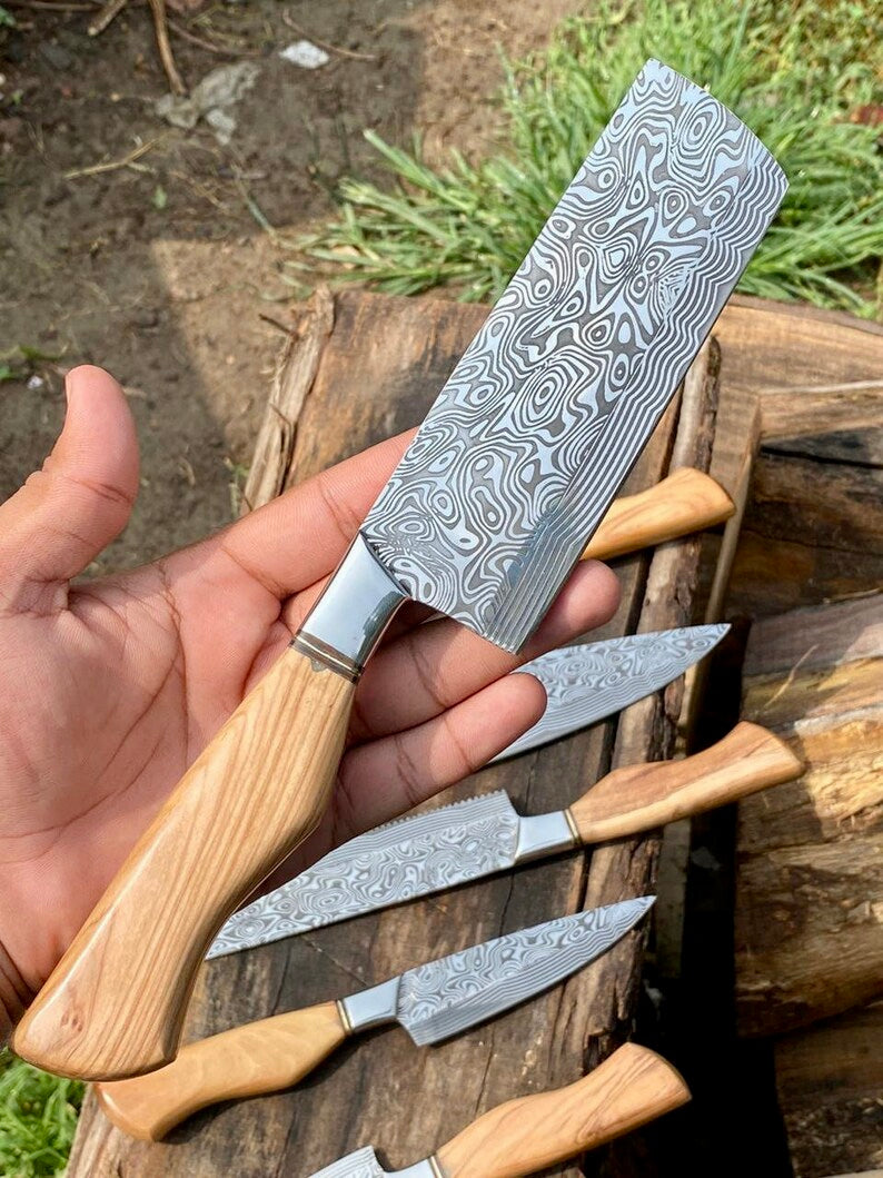 Premium Damascus Steel Kitchen Knife Set – 13" Blade with Olivewood Handle & Leather Sheath - Korvel