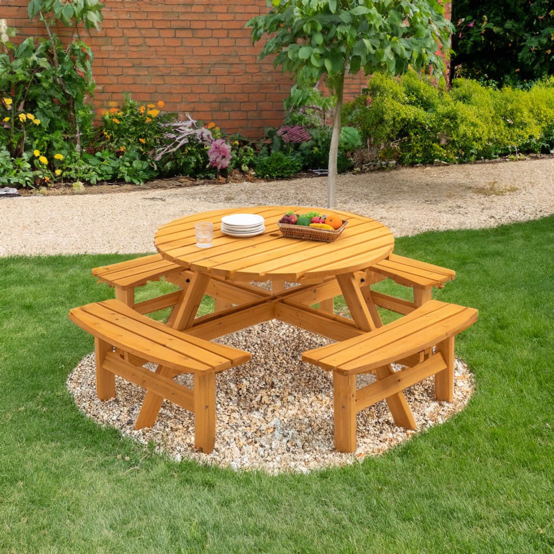 6-Person Circular Outdoor Wooden Picnic Table for Patio, Backyard, Garden, DIY w/ 3 Built-in Benches, 1720lb Capacity - Natural - Korvel