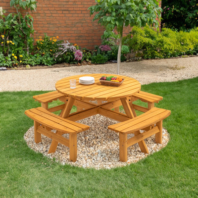 6-Person Circular Outdoor Wooden Picnic Table for Patio, Backyard, Garden, DIY w/ 3 Built-in Benches, 1720lb Capacity - Natural - Korvel