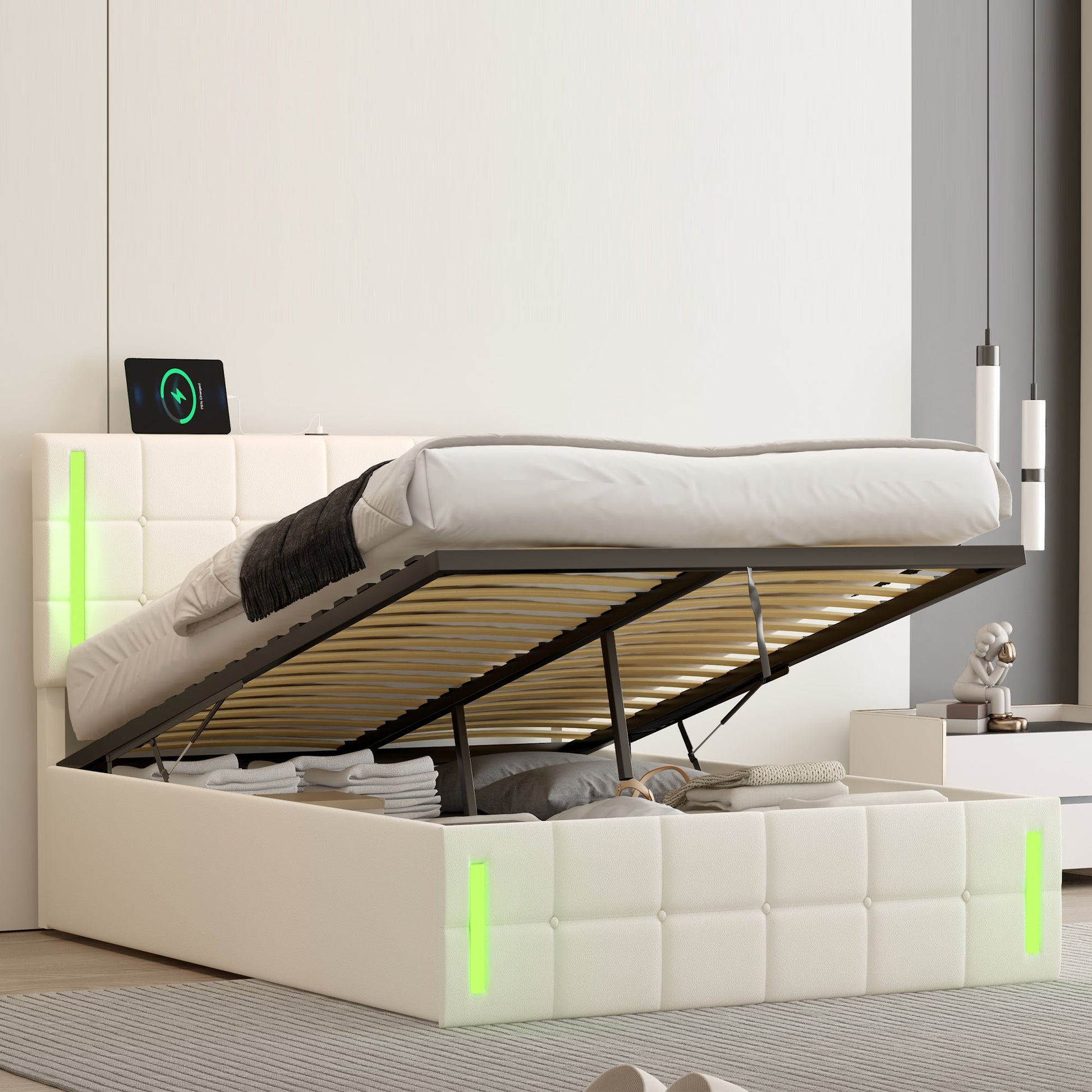 Full Size Upholstered Bed with LED Lights,Hydraulic Storage System and USB Charging Station,White - Korvel
