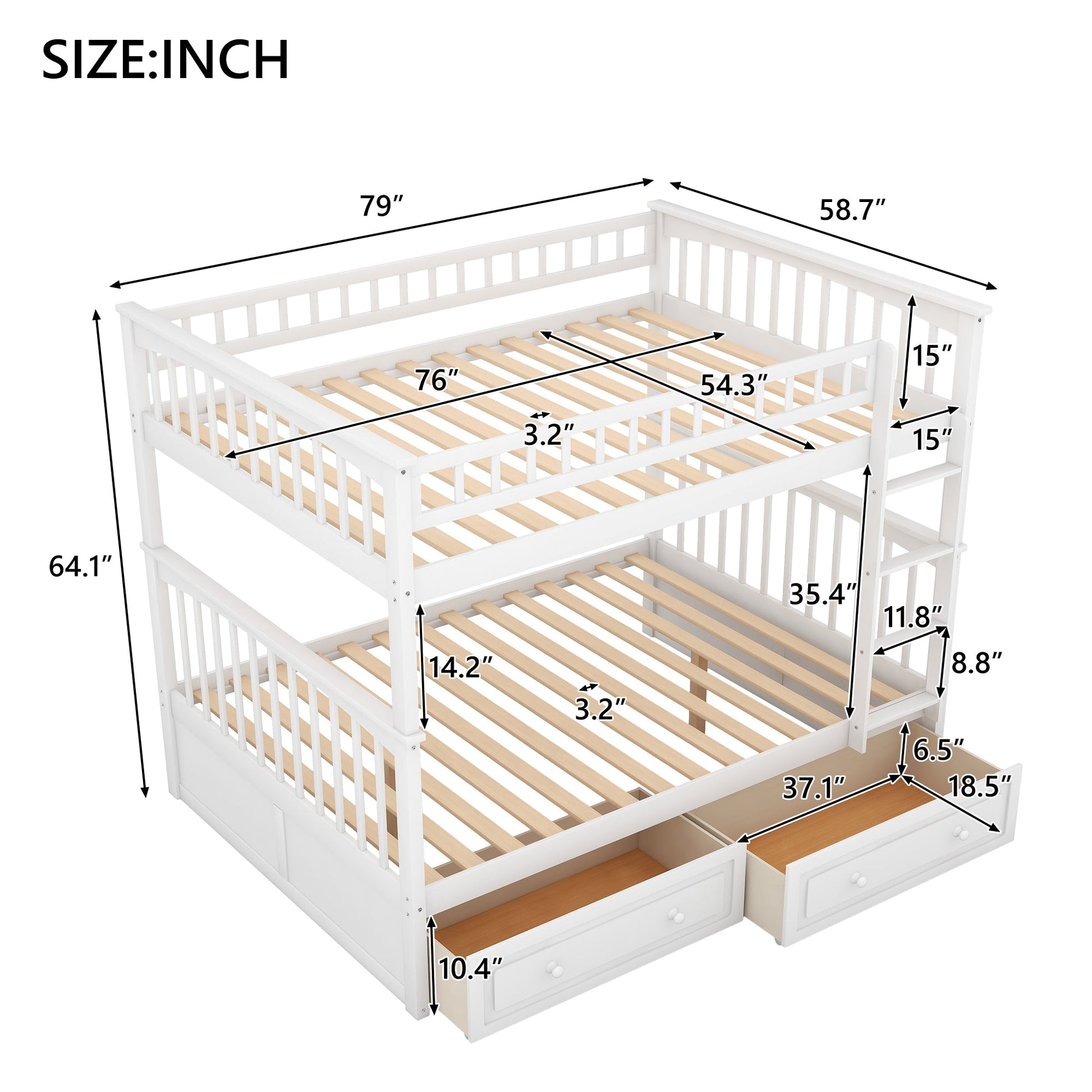 Full over Full Bunk Bed with Drawers  Convertible Beds  White - Korvel