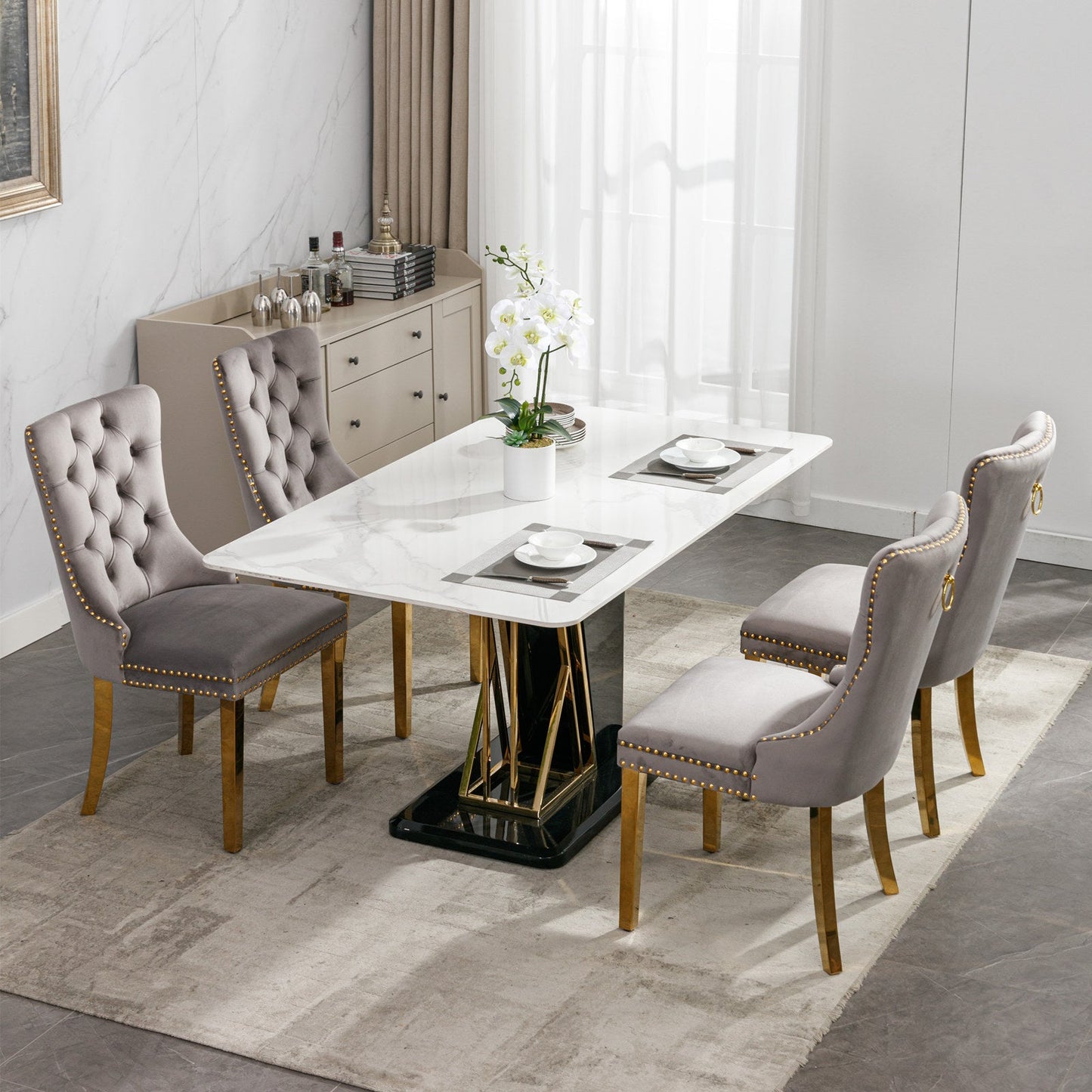 Tufted solid wood velvet cushioned dining chair, gold-plated stainless steel nail leg heads, 2 pieces in gray and gold - Korvel