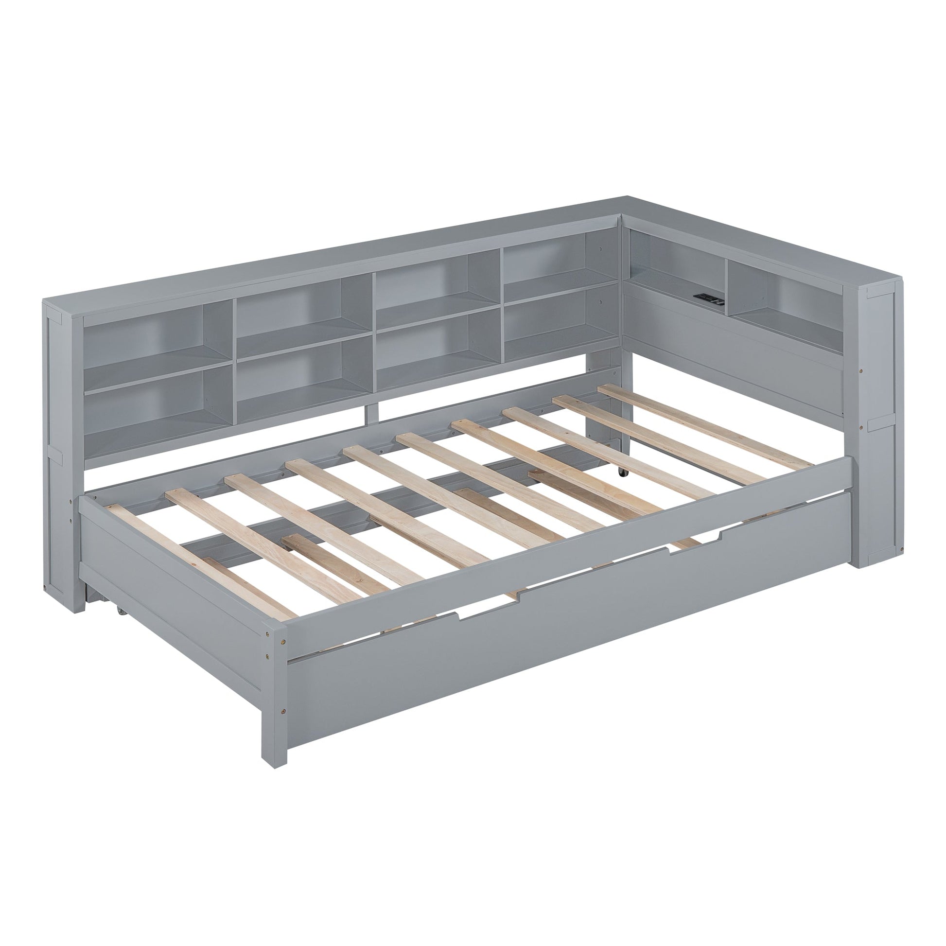 Wooden Twin Size DayBed with Twin Size Trundle, DayBed with Storage Shelf and USB Charging Ports,Grey - Korvel