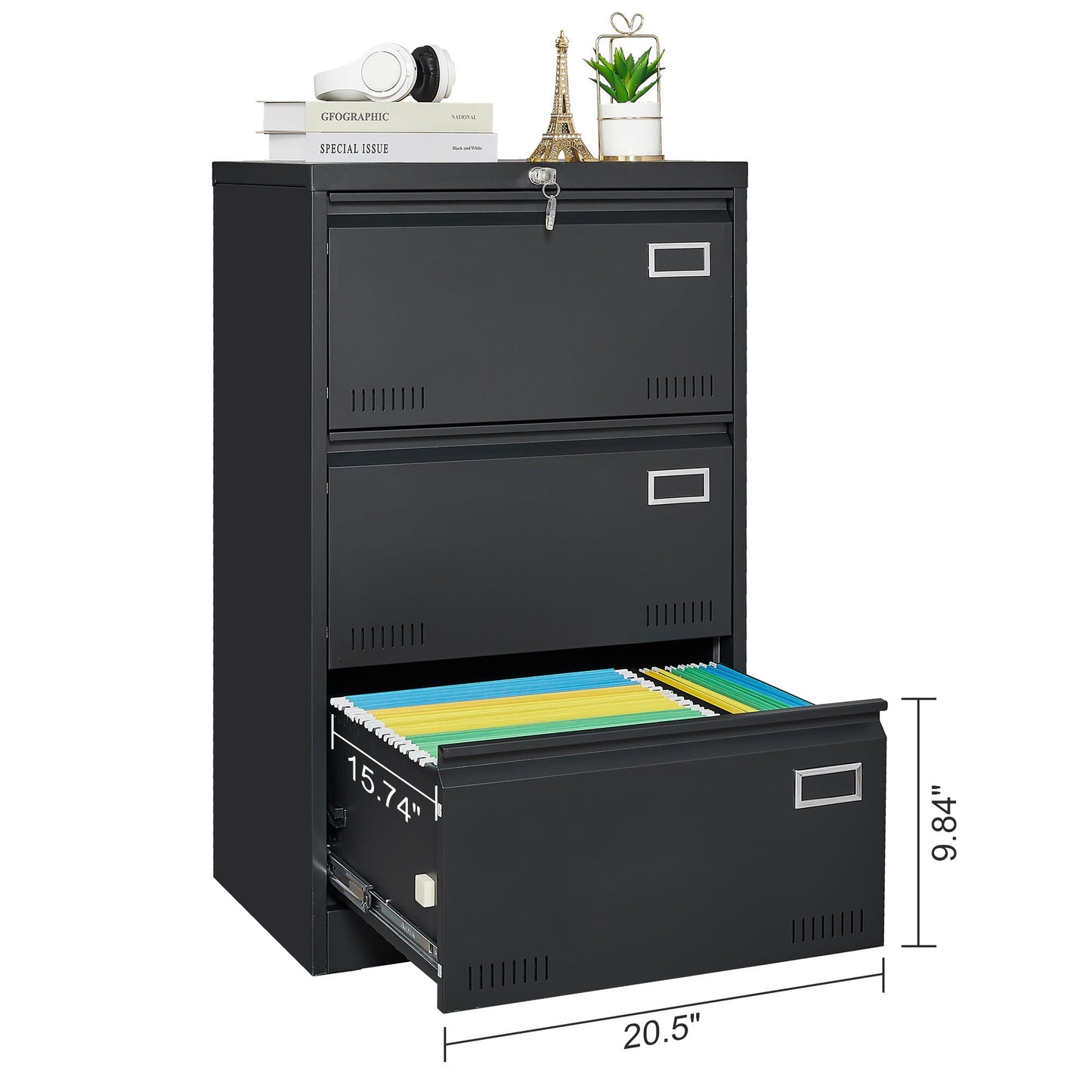 Filing Cabinet Lateral File Cabinet 3 Drawer Blcak Locking Metal File Cabinets Three Drawer - Korvel