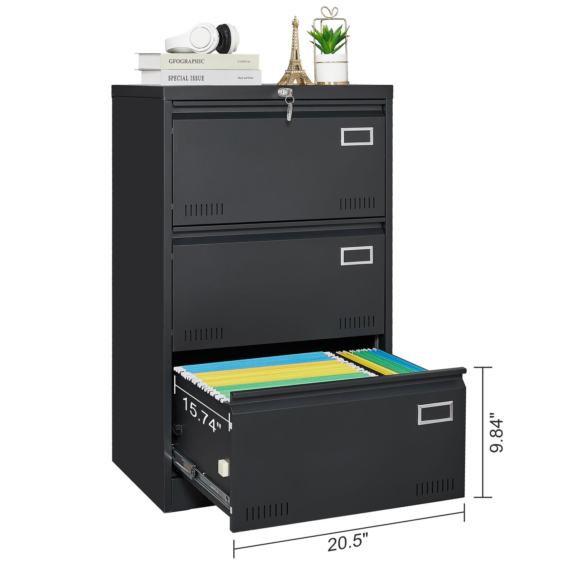 Filing Cabinet Lateral File Cabinet 3 Drawer Blcak Locking Metal File Cabinets Three Drawer - Korvel